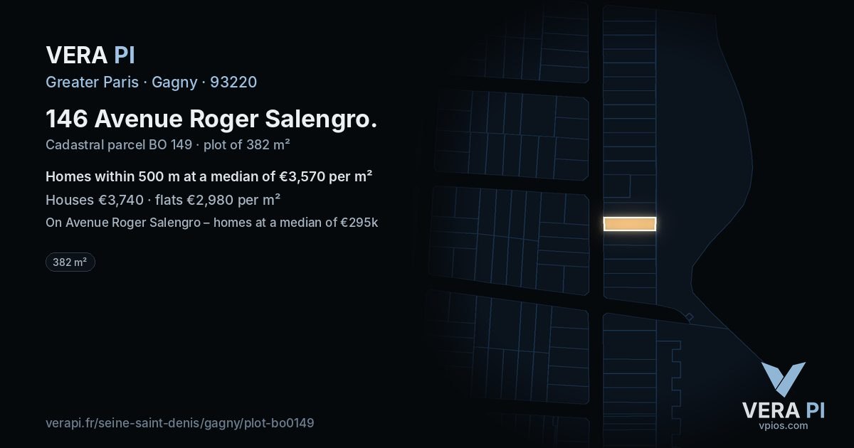 146 Avenue Roger Salengro, Gagny at night – the plot lit, the parcels around coloured by the prices near them