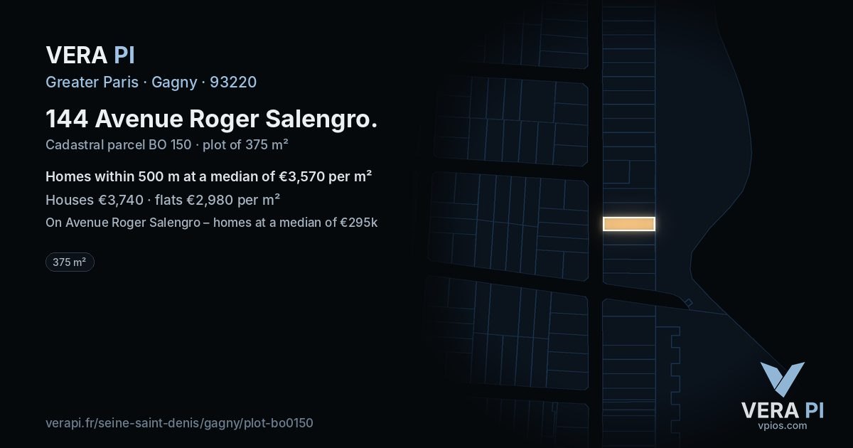 144 Avenue Roger Salengro, Gagny at night – the plot lit, the parcels around coloured by the prices near them