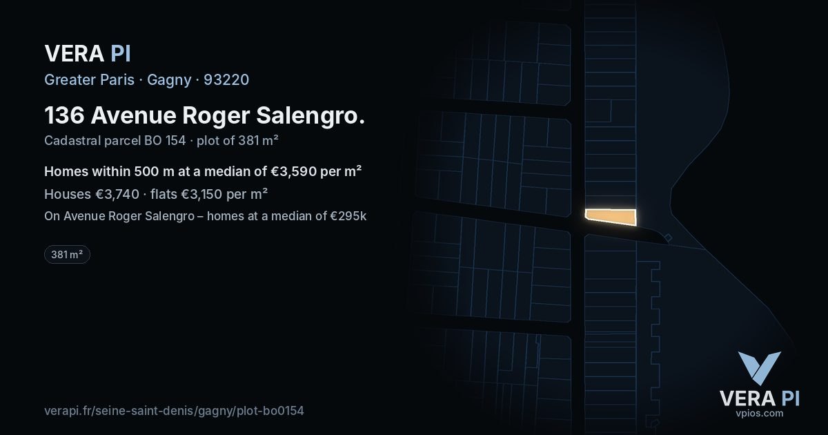 136 Avenue Roger Salengro, Gagny at night – the plot lit, the parcels around coloured by the prices near them