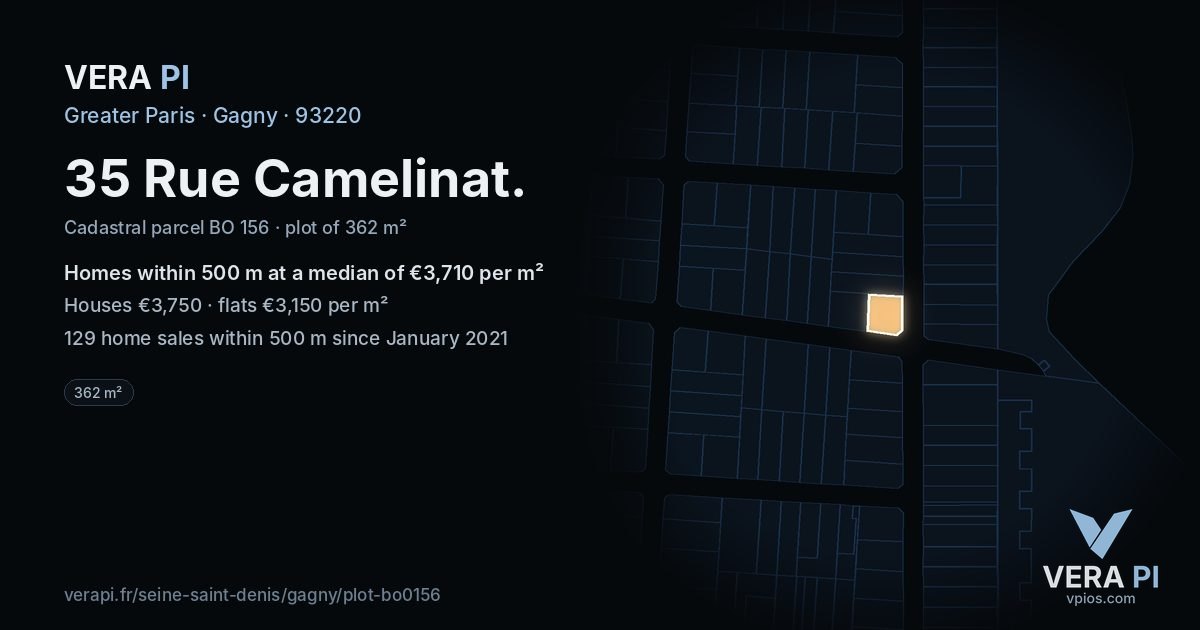 35 Rue Camelinat, Gagny at night – the plot lit, the parcels around coloured by the prices near them
