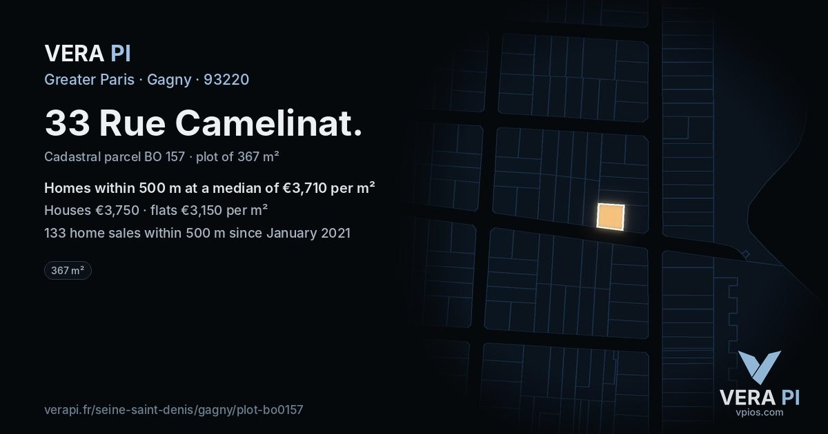 33 Rue Camelinat, Gagny at night – the plot lit, the parcels around coloured by the prices near them