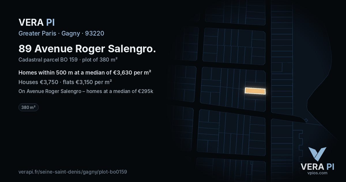 89 Avenue Roger Salengro, Gagny at night – the plot lit, the parcels around coloured by the prices near them