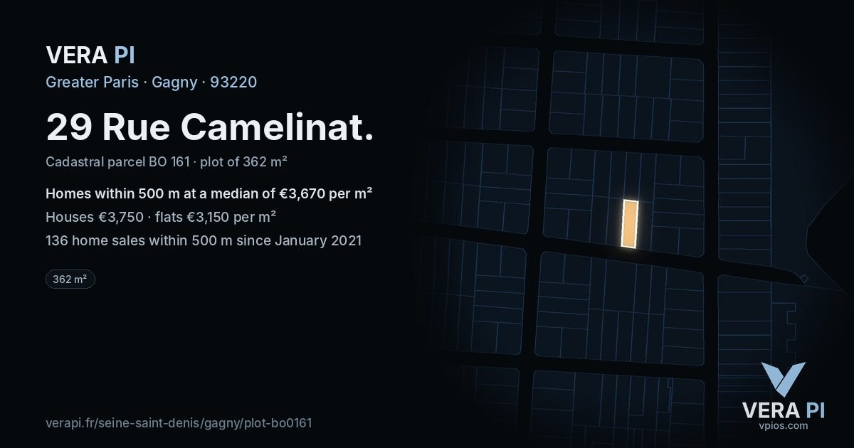 29 Rue Camelinat, Gagny at night – the plot lit, the parcels around coloured by the prices near them