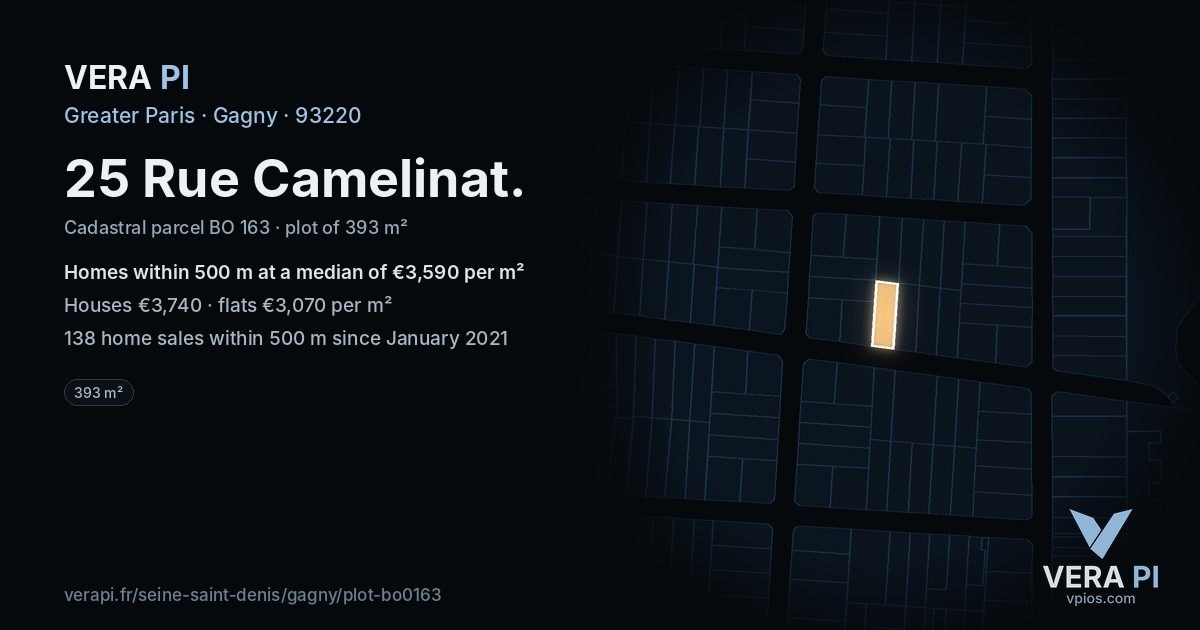 25 Rue Camelinat, Gagny at night – the plot lit, the parcels around coloured by the prices near them
