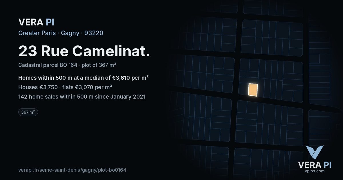 23 Rue Camelinat, Gagny at night – the plot lit, the parcels around coloured by the prices near them