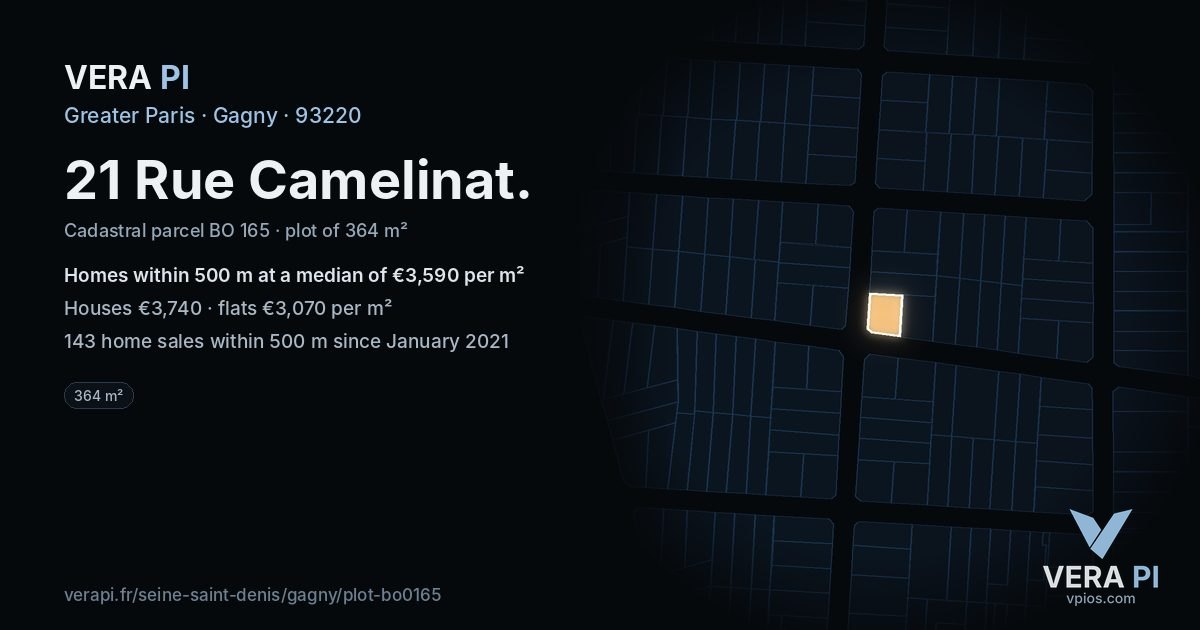 21 Rue Camelinat, Gagny at night – the plot lit, the parcels around coloured by the prices near them