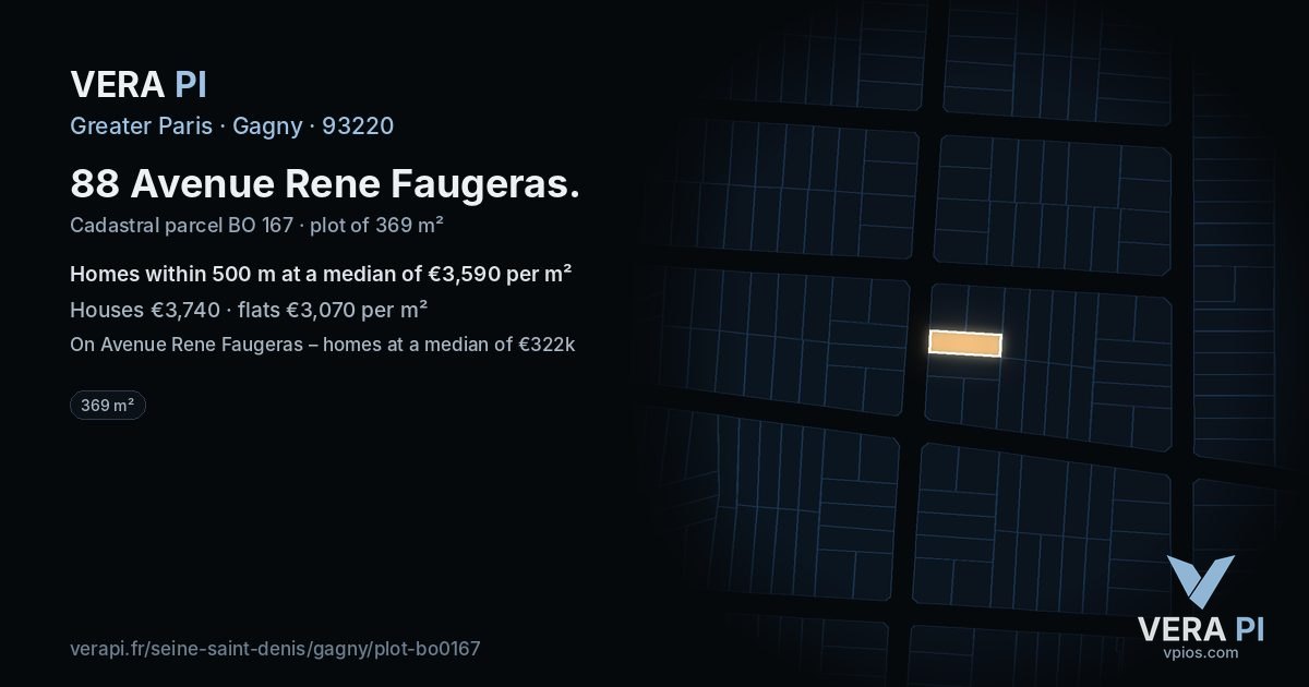 88 Avenue Rene Faugeras, Gagny at night – the plot lit, the parcels around coloured by the prices near them