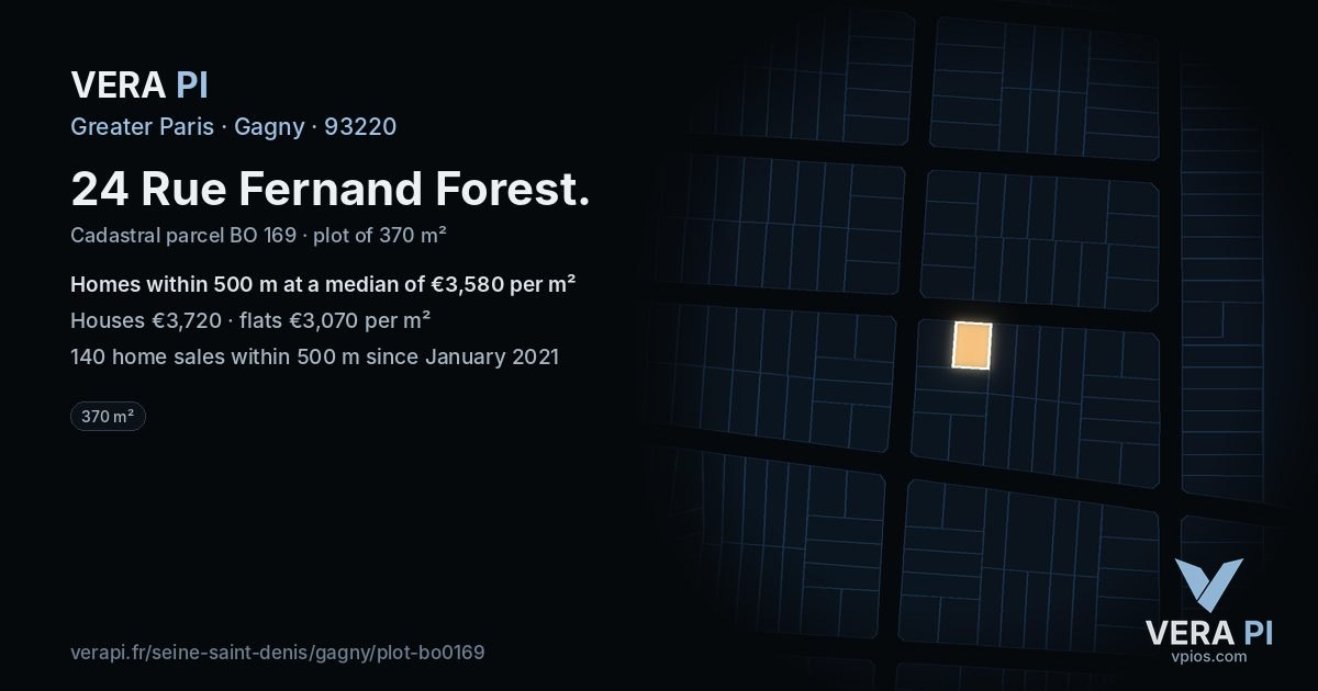24 Rue Fernand Forest, Gagny at night – the plot lit, the parcels around coloured by the prices near them