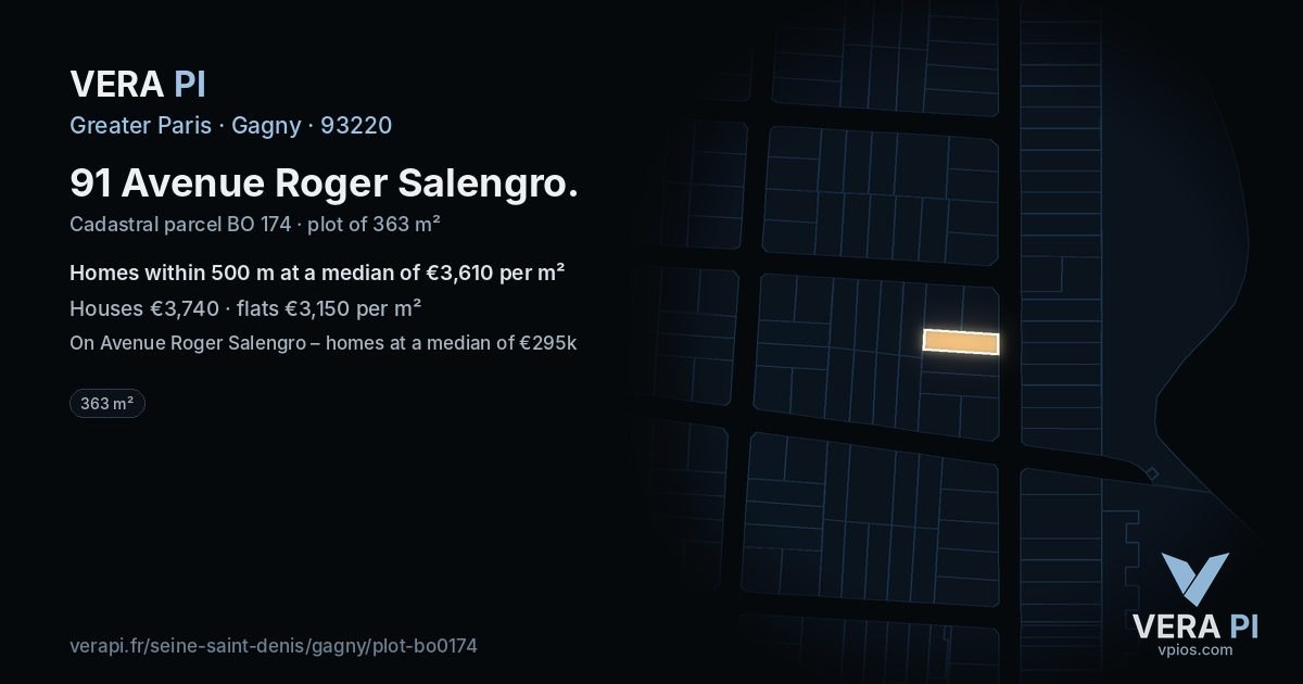 91 Avenue Roger Salengro, Gagny at night – the plot lit, the parcels around coloured by the prices near them