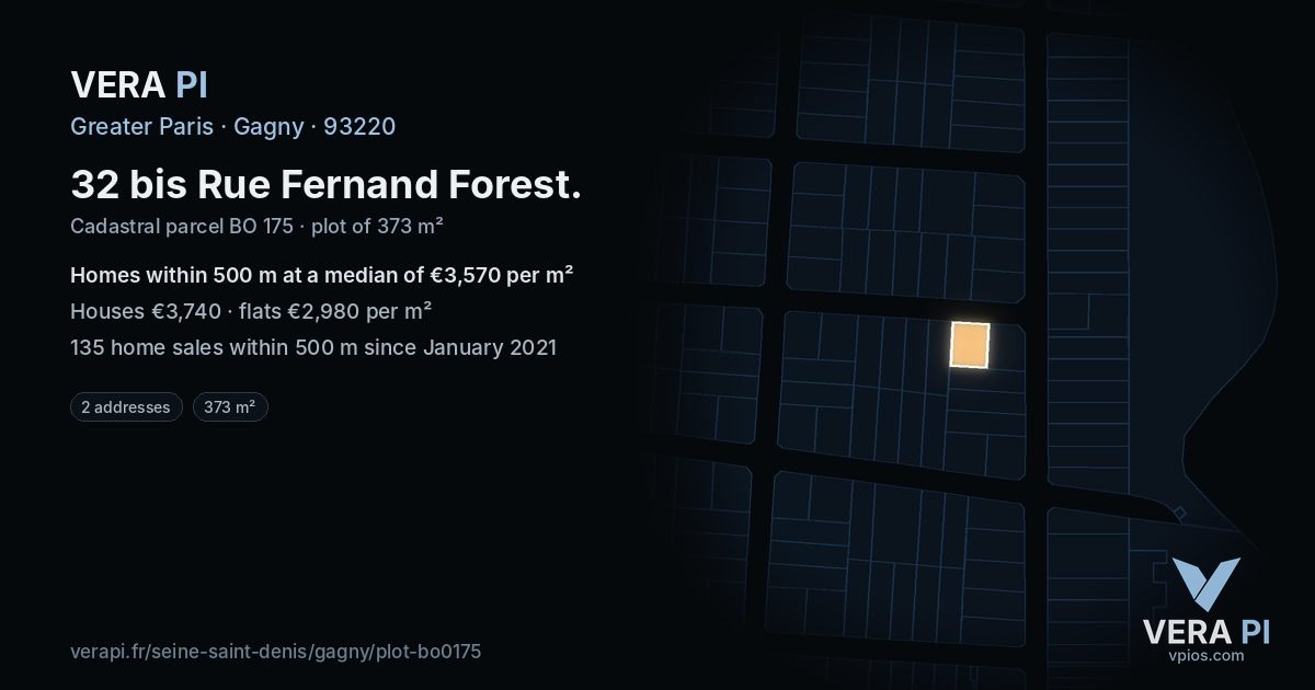 32 bis Rue Fernand Forest, Gagny at night – the plot lit, the parcels around coloured by the prices near them