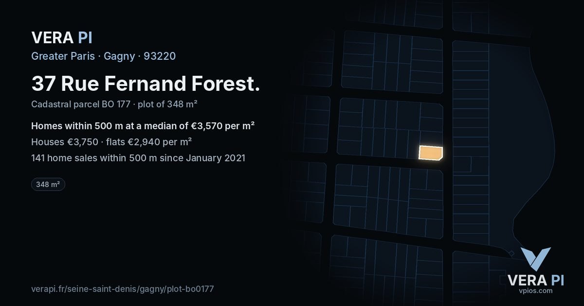 37 Rue Fernand Forest, Gagny at night – the plot lit, the parcels around coloured by the prices near them