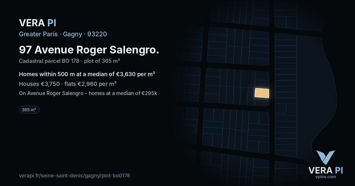 97 Avenue Roger Salengro, Gagny at night – the plot lit, the parcels around coloured by the prices near them