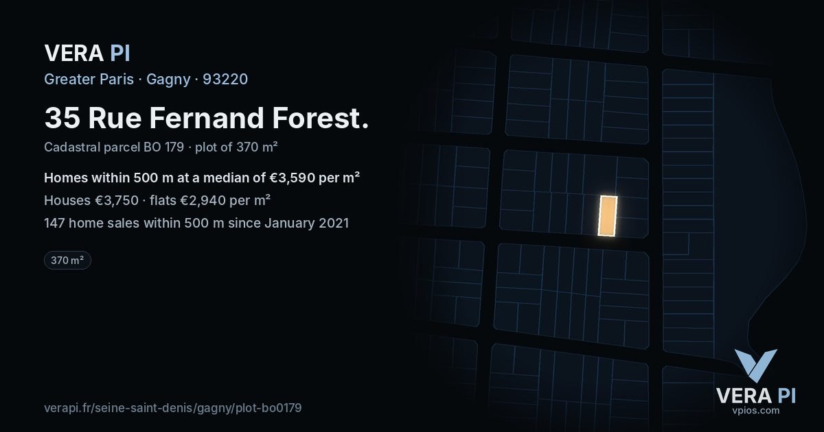 35 Rue Fernand Forest, Gagny at night – the plot lit, the parcels around coloured by the prices near them