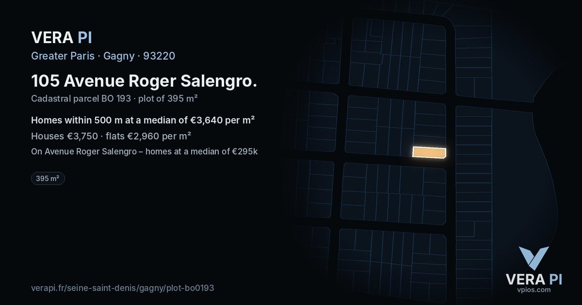 105 Avenue Roger Salengro, Gagny at night – the plot lit, the parcels around coloured by the prices near them