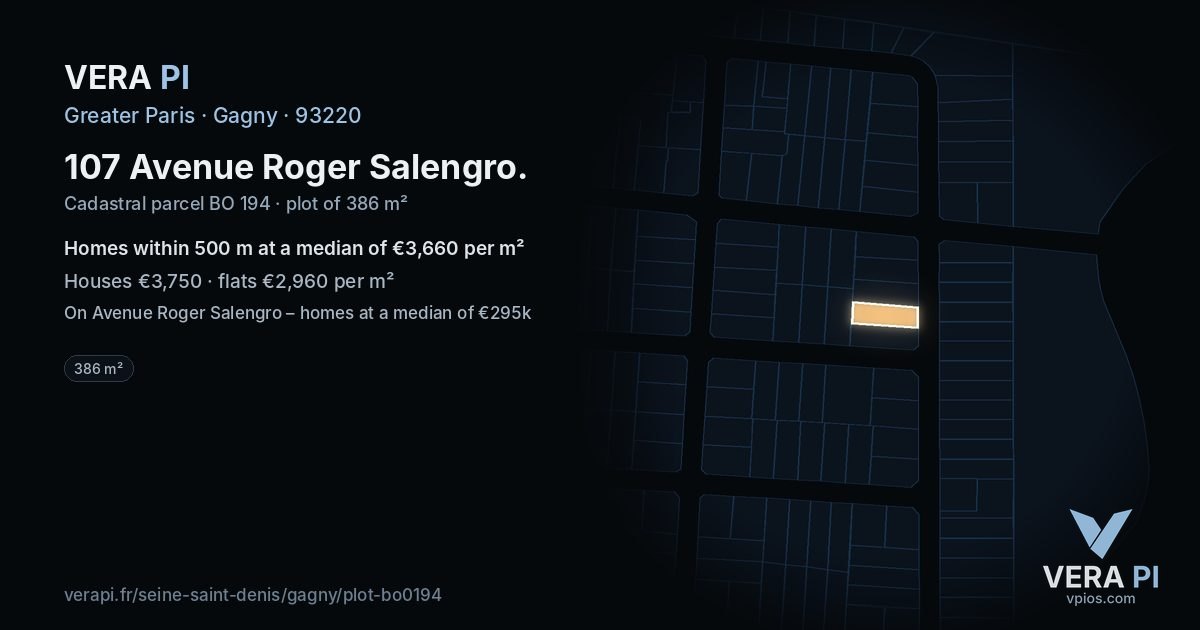 107 Avenue Roger Salengro, Gagny at night – the plot lit, the parcels around coloured by the prices near them