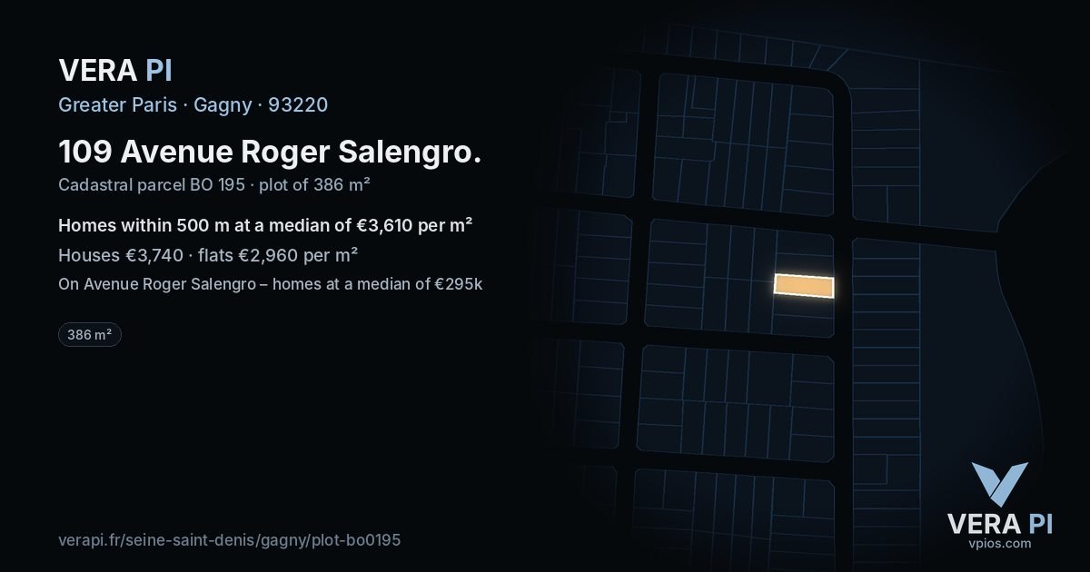 109 Avenue Roger Salengro, Gagny at night – the plot lit, the parcels around coloured by the prices near them