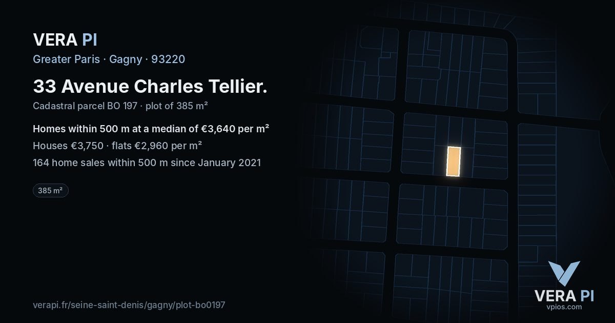 33 Avenue Charles Tellier, Gagny at night – the plot lit, the parcels around coloured by the prices near them