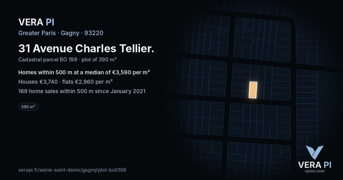 31 Avenue Charles Tellier, Gagny at night – the plot lit, the parcels around coloured by the prices near them