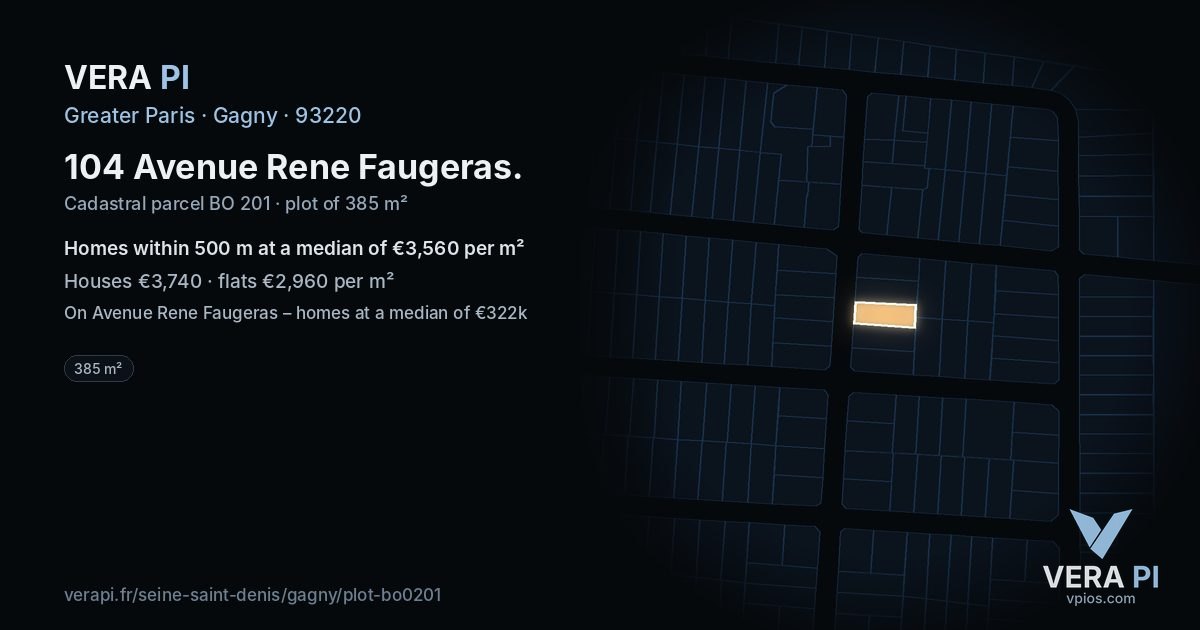 104 Avenue Rene Faugeras, Gagny at night – the plot lit, the parcels around coloured by the prices near them