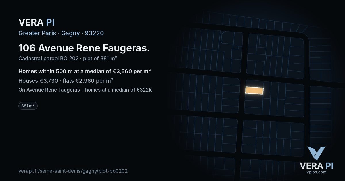 106 Avenue Rene Faugeras, Gagny at night – the plot lit, the parcels around coloured by the prices near them