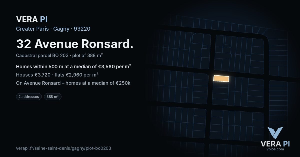 32 Avenue Ronsard, Gagny at night – the plot lit, the parcels around coloured by the prices near them