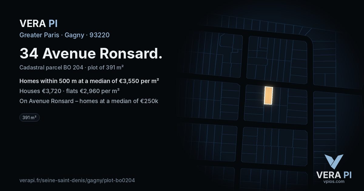 34 Avenue Ronsard, Gagny at night – the plot lit, the parcels around coloured by the prices near them
