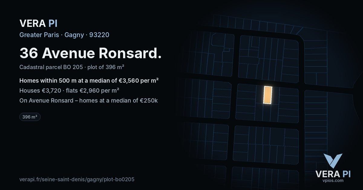 36 Avenue Ronsard, Gagny at night – the plot lit, the parcels around coloured by the prices near them