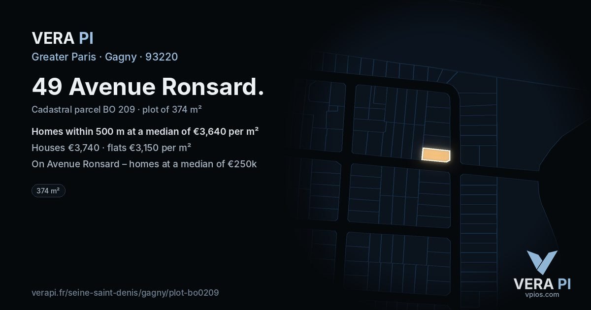 49 Avenue Ronsard, Gagny at night – the plot lit, the parcels around coloured by the prices near them