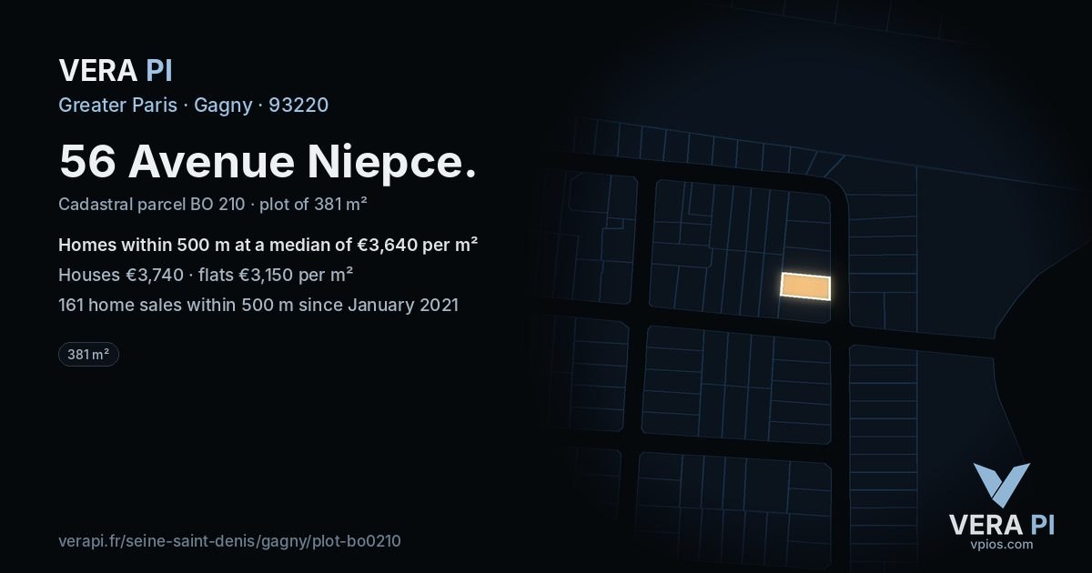 56 Avenue Niepce, Gagny at night – the plot lit, the parcels around coloured by the prices near them