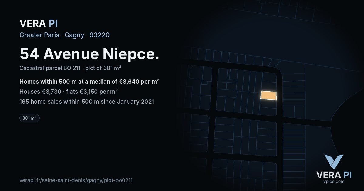 54 Avenue Niepce, Gagny at night – the plot lit, the parcels around coloured by the prices near them