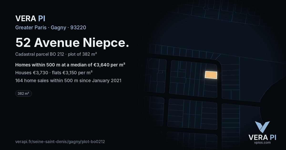 52 Avenue Niepce, Gagny at night – the plot lit, the parcels around coloured by the prices near them