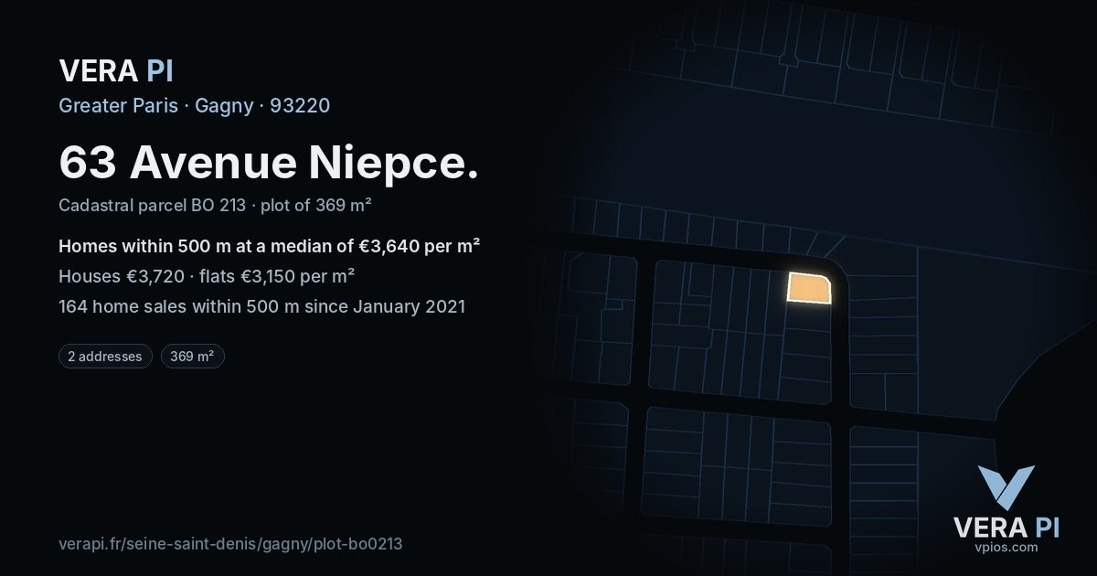 63 Avenue Niepce, Gagny at night – the plot lit, the parcels around coloured by the prices near them
