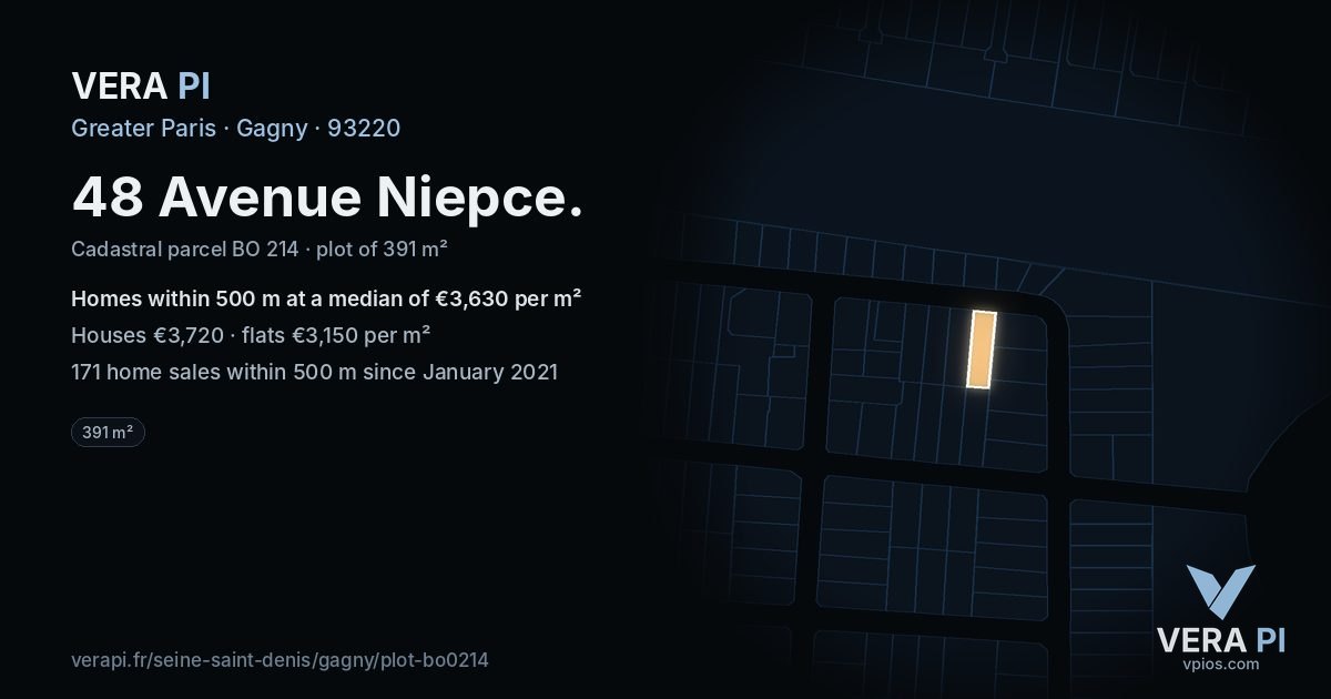 48 Avenue Niepce, Gagny at night – the plot lit, the parcels around coloured by the prices near them
