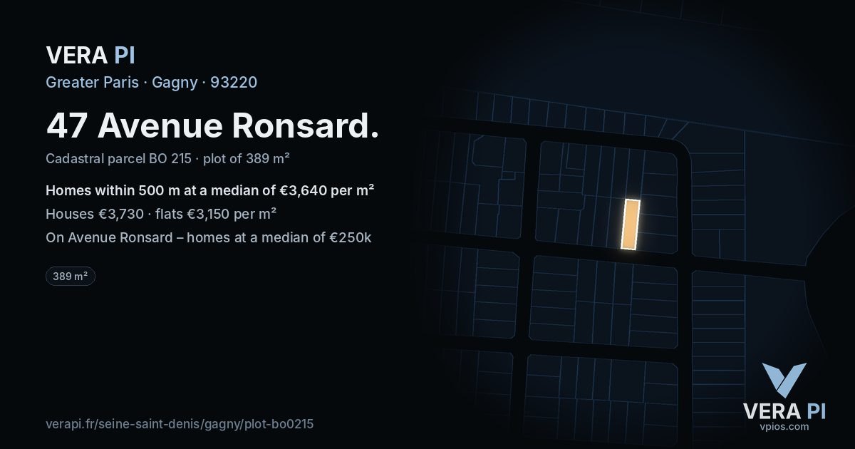 47 Avenue Ronsard, Gagny at night – the plot lit, the parcels around coloured by the prices near them