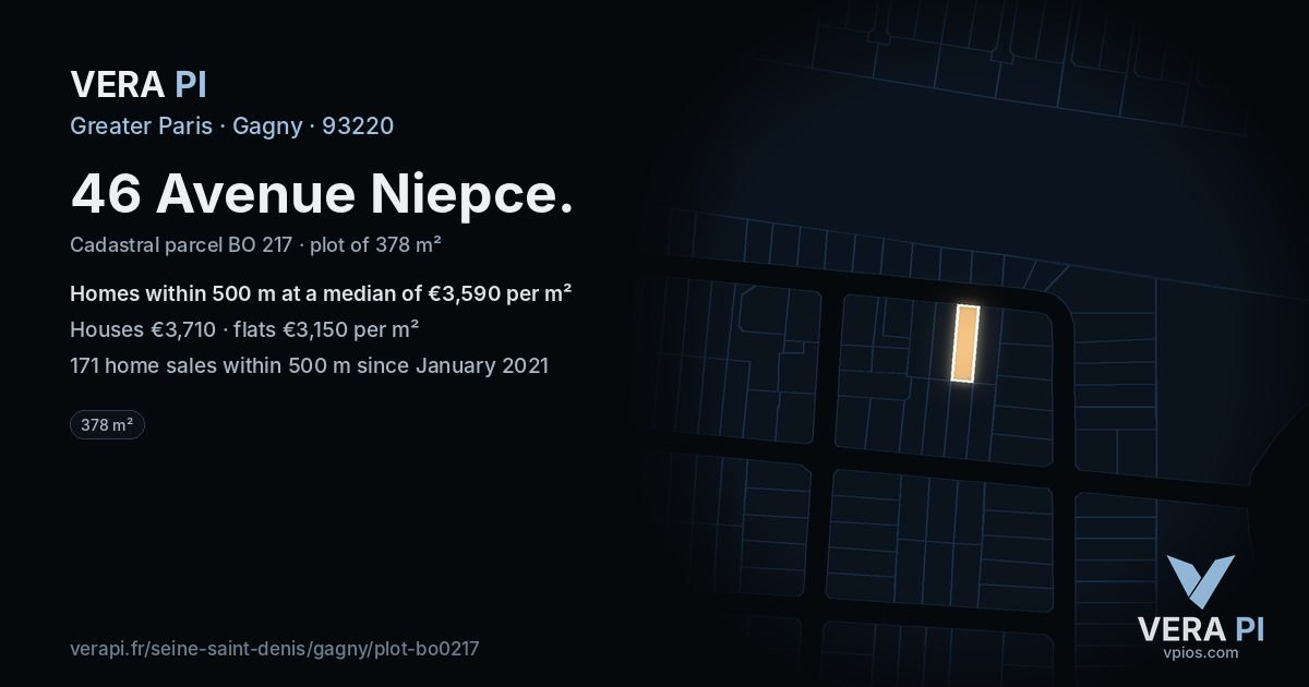 46 Avenue Niepce, Gagny at night – the plot lit, the parcels around coloured by the prices near them