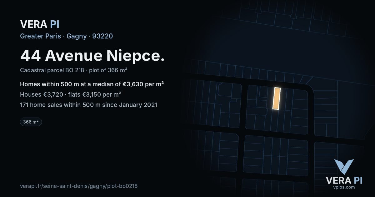 44 Avenue Niepce, Gagny at night – the plot lit, the parcels around coloured by the prices near them