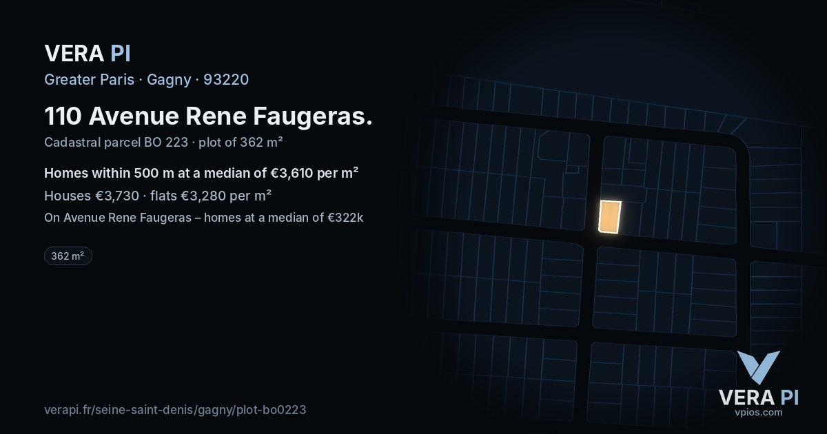 110 Avenue Rene Faugeras, Gagny at night – the plot lit, the parcels around coloured by the prices near them