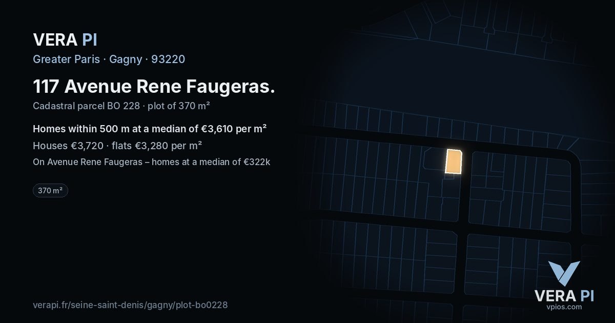 117 Avenue Rene Faugeras, Gagny at night – the plot lit, the parcels around coloured by the prices near them
