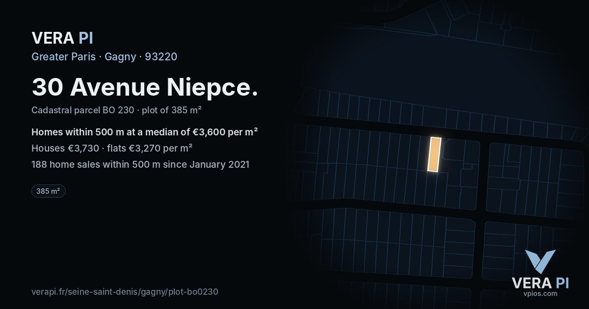 30 Avenue Niepce, Gagny at night – the plot lit, the parcels around coloured by the prices near them