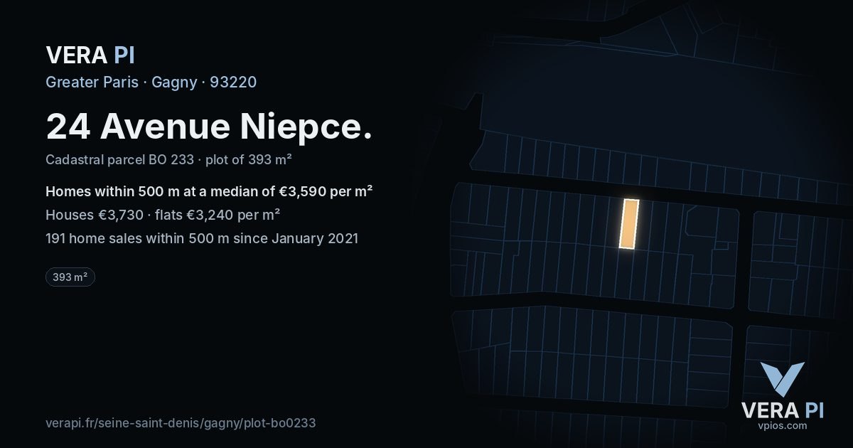 24 Avenue Niepce, Gagny at night – the plot lit, the parcels around coloured by the prices near them