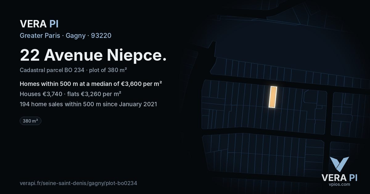 22 Avenue Niepce, Gagny at night – the plot lit, the parcels around coloured by the prices near them