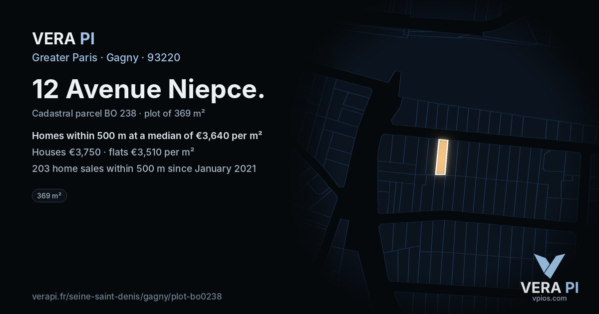 12 Avenue Niepce, Gagny at night – the plot lit, the parcels around coloured by the prices near them