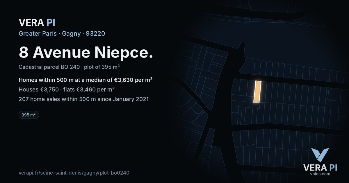 8 Avenue Niepce, Gagny at night – the plot lit, the parcels around coloured by the prices near them
