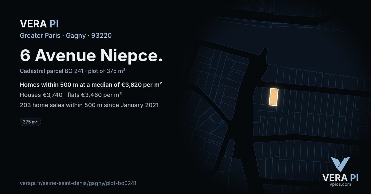 6 Avenue Niepce, Gagny at night – the plot lit, the parcels around coloured by the prices near them