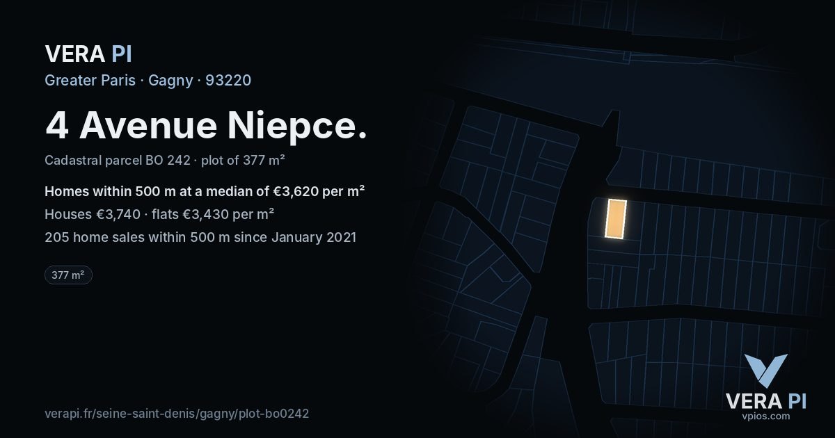 4 Avenue Niepce, Gagny at night – the plot lit, the parcels around coloured by the prices near them