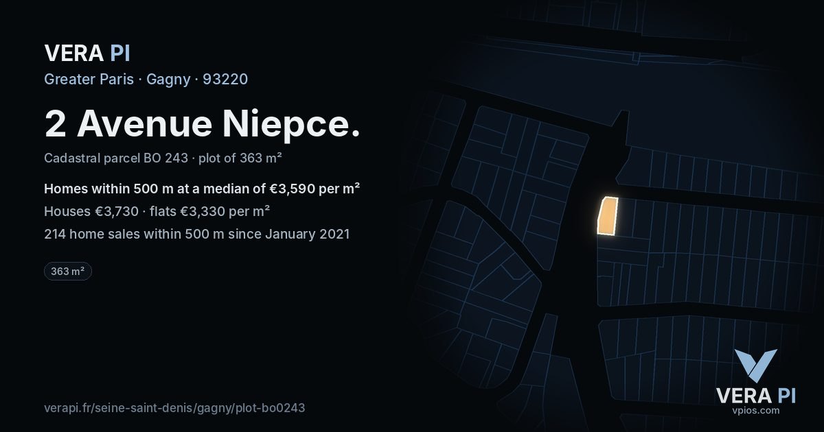 2 Avenue Niepce, Gagny at night – the plot lit, the parcels around coloured by the prices near them
