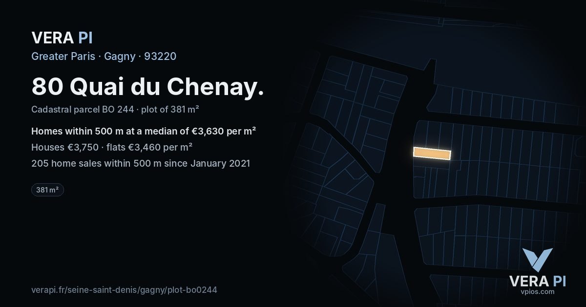80 Quai du Chenay, Gagny at night – the plot lit, the parcels around coloured by the prices near them