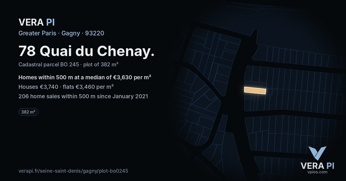 78 Quai du Chenay, Gagny at night – the plot lit, the parcels around coloured by the prices near them