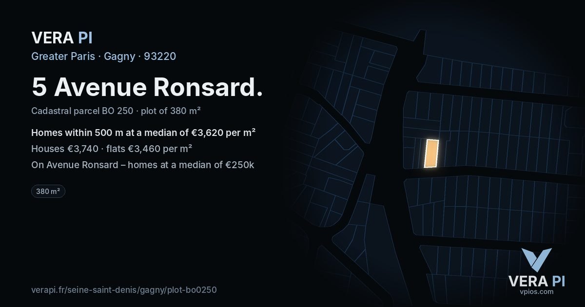 5 Avenue Ronsard, Gagny at night – the plot lit, the parcels around coloured by the prices near them