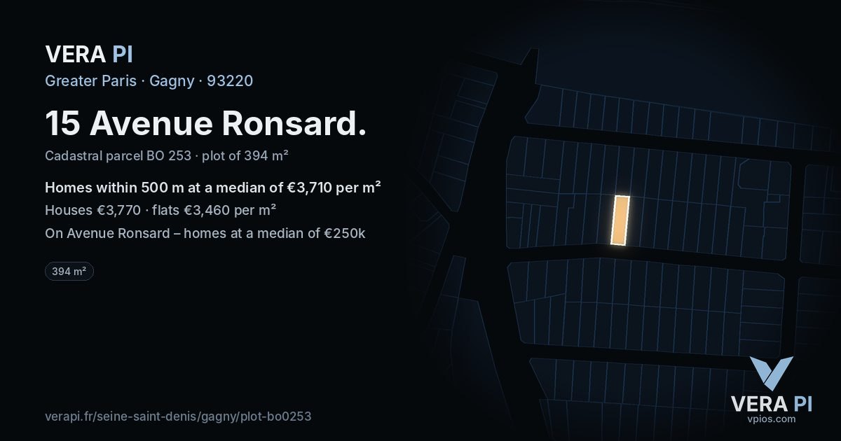 15 Avenue Ronsard, Gagny at night – the plot lit, the parcels around coloured by the prices near them